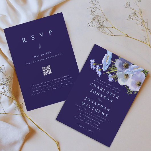 Elegante Bloem Waterverf Navy Trouw QR Code Kaart