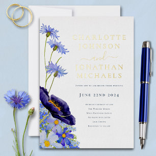 Elegante bloem wilde bloem blauw en goud folie uitnodiging