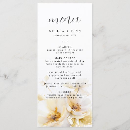 Elegante bloem wit goud bruiloft menu (Voorkant)