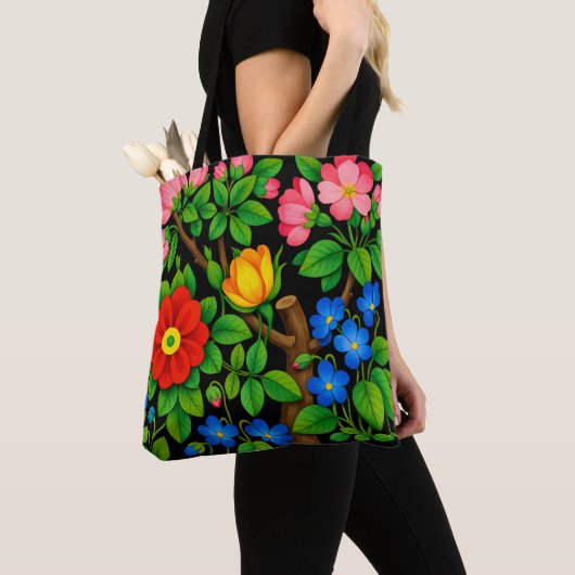 Elegante Bloem Zwart Tote Bag (Dichtbij)