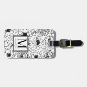 Elegante bloem zwart wit naam monogram bagagelabel (Voorkant horizontaal)