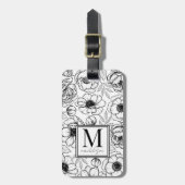 Elegante bloem zwart wit naam monogram bagagelabel (Voorkant verticaal)