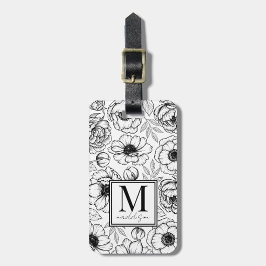 Elegante bloem zwart wit naam monogram bagagelabel (Voorkant verticaal)