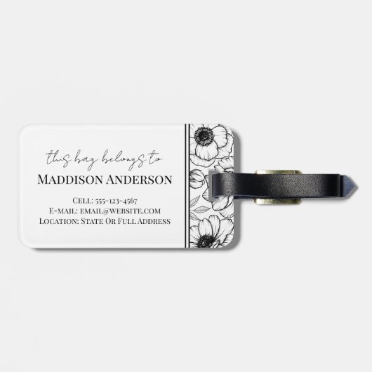 Elegante bloem zwart wit naam monogram bagagelabel (Achterkant horizontaal)
