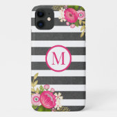 Elegante bloem zwart wit streep monogram Case-Mate iPhone case (Achterkant)