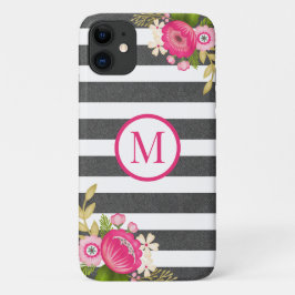 Elegante bloem zwart wit streep monogram Case-Mate iPhone case