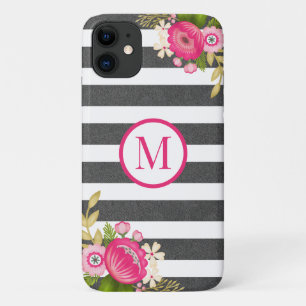 Elegante bloem zwart wit streep monogram Case-Mate iPhone case