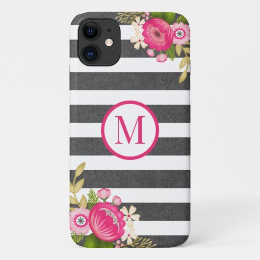 Elegante bloem zwart wit streep monogram Case-Mate iPhone case (Achterkant)
