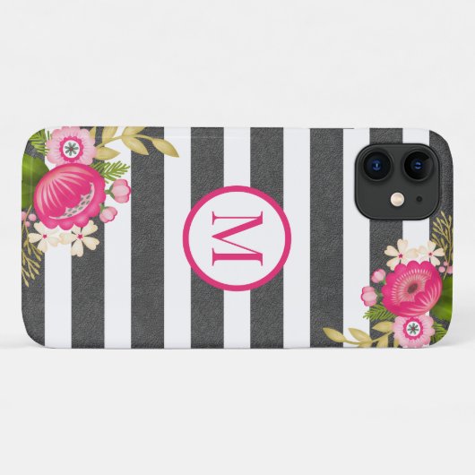 Elegante bloem zwart wit streep monogram Case-Mate iPhone case (Achterkant (horizontaal))