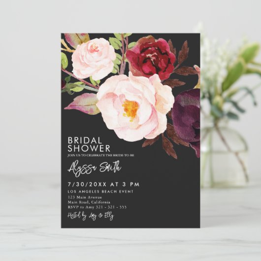 Elegante Bloem Zwarte Moderne Bruidsdouche Kaart (Staand voorkant)