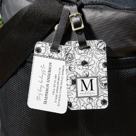 Elegante bloem zwarte witte monogram bagagelabel