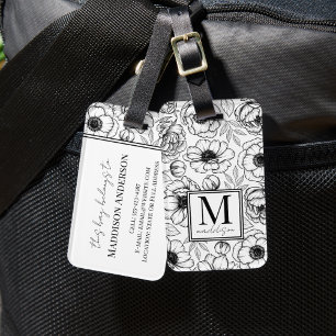 Elegante bloem zwarte witte monogram bagagelabel