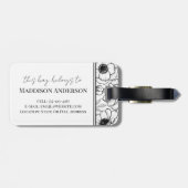 Elegante Bloem Zwarte Witte Naam Monogram Bagagelabel (Achterkant horizontaal)