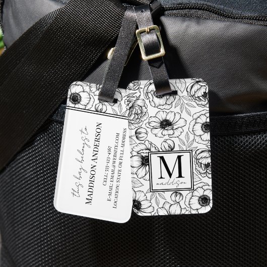 Elegante Bloem Zwarte Witte Naam Monogram Bagagelabel