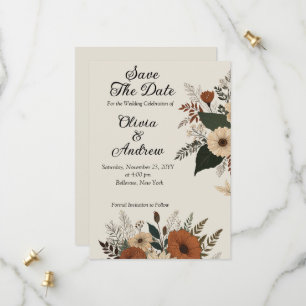 Elegante bloemaccenten en kleurenpalet save the date