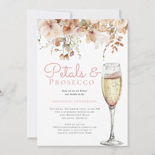 Elegante bloemblaadjes en Prosecco Floral Vrijgeze Kaart (Voorkant)