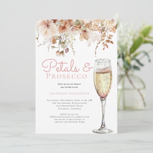 Elegante bloemblaadjes en Prosecco Floral Vrijgeze Kaart (Staand voorkant)