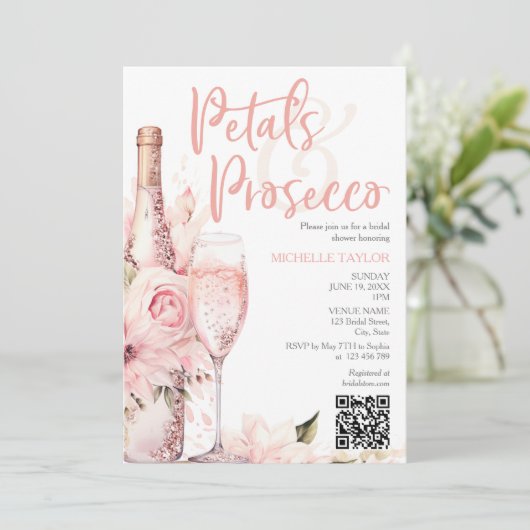 Elegante bloemblaadjes & Prosecco Boho Blush Roze  Kaart (Staand voorkant)