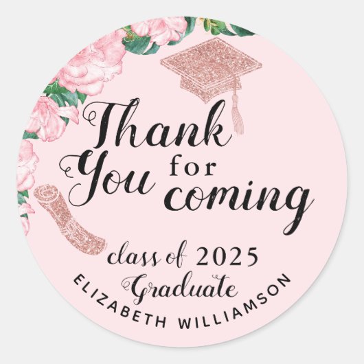 Elegante Bloemblush Roze Afstuderen Dank u Ronde Sticker (Voorkant)