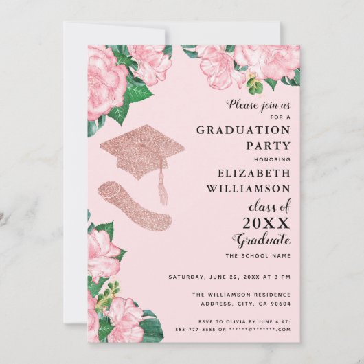 Elegante Bloemblush Roze en Roos Goud Afstuderen Kaart (Voorkant)