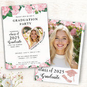 Elegante Bloemblush Roze en Wit Afstuderen Kaart
