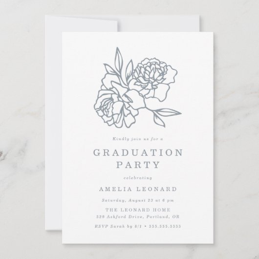 Elegante bloemboeket leisteenblauwe afstudeerfeest kaart (Voorkant)