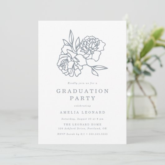 Elegante bloemboeket leisteenblauwe afstudeerfeest kaart (Staand voorkant)