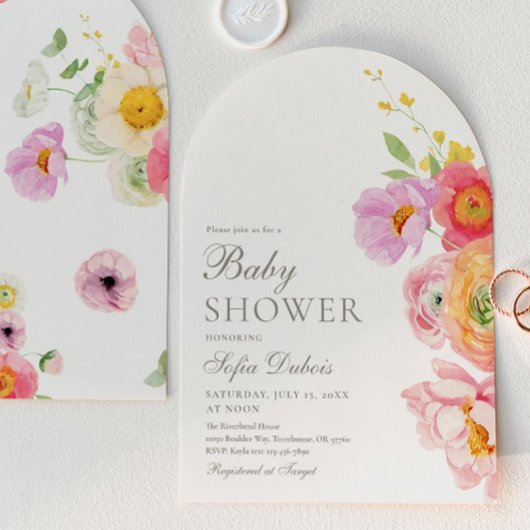 Elegante bloemboog babyshower uitnodiging