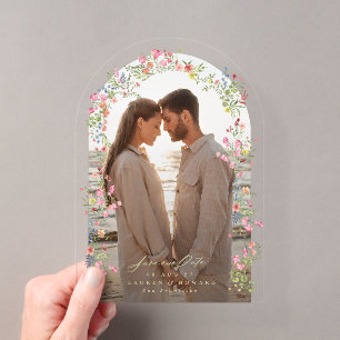 elegante bloemboog foto save the date bruiloft acryl uitnodigingen