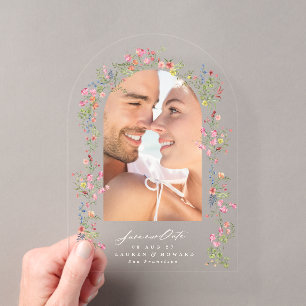 elegante bloemboog foto trouwkaart save the date acryl uitnodigingen