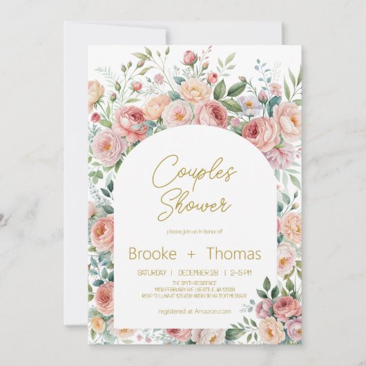 Elegante bloemboog koppel bruisfeest uitnodiging (Voorkant)
