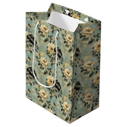 Elegante Bloemcrème & Zwarte Decoupage Medium Cadeauzakje (Voorkant Gekanteld)