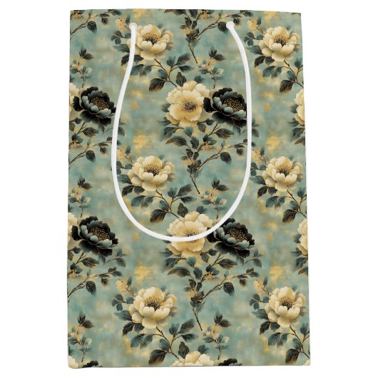 Elegante  Bloemcrème & Zwarte Decoupage Medium Cadeauzakje (Voorkant)