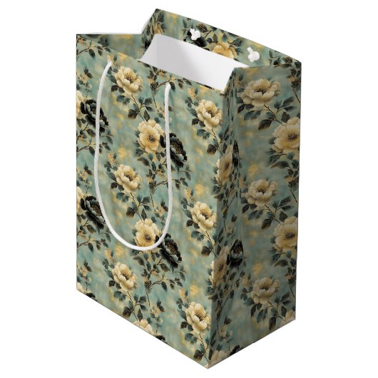 Elegante  Bloemcrème & Zwarte Decoupage Medium Cadeauzakje (Achterkant Gekanteld)