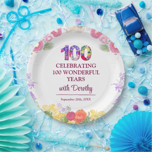 Elegante Bloemen 100ste Verjaardagsfeest / 100 Jaa Papieren Bordje (Feest)