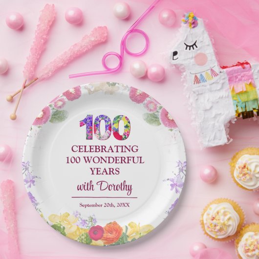 Elegante Bloemen 100ste Verjaardagsfeest / 100 Jaa Papieren Bordje (Feest)