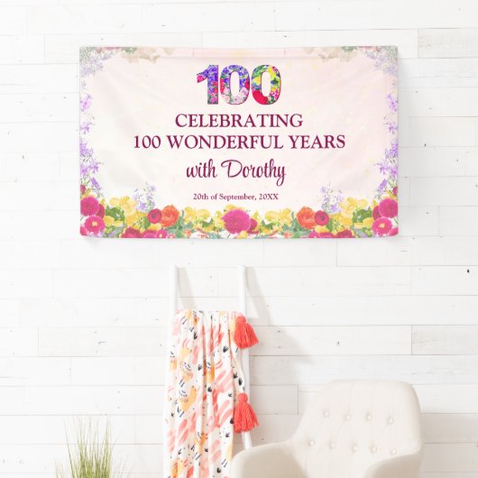 Elegante Bloemen 100ste Verjaardagsfeest / Pastel  Spandoek (Insitu)