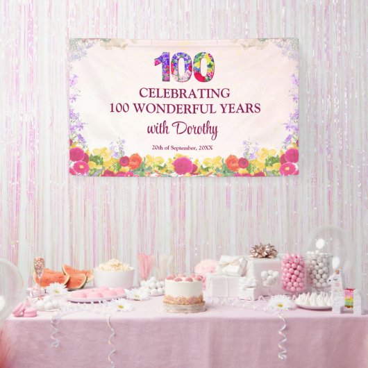 Elegante Bloemen 100ste Verjaardagsfeest / Pastel  Spandoek (Feest)