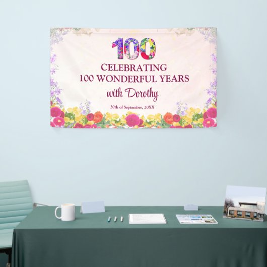 Elegante Bloemen 100ste Verjaardagsfeest / Pastel  Spandoek (Beurs)