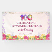 Elegante Bloemen 100ste Verjaardagsfeest / Pastel  Spandoek (Horizontaal)