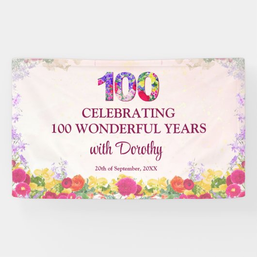 Elegante Bloemen 100ste Verjaardagsfeest / Pastel  Spandoek (Horizontaal)