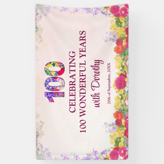 Elegante Bloemen 100ste Verjaardagsfeest / Pastel  Spandoek (Verticaal)
