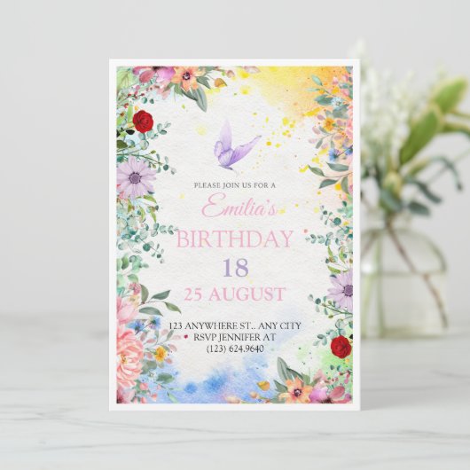 Elegante Bloemen 18e Verjaardag Uitnodiging met Wa (Staand voorkant)