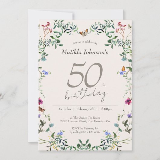 Elegante Bloemen 50ste Verjaardagsfeestje Kaart (Voorkant)