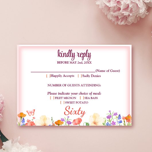 Elegante bloemen 60e verjaardag RSVP kaart 60 bloe