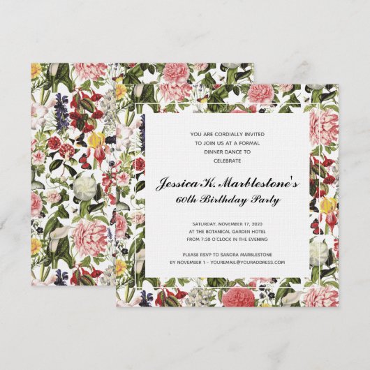 Elegante Bloemen 60ste Verjaardag Party Uitnodigin Kaart (Voorkant / Achterkant)