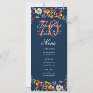 Elegante Bloemen 70e Verjaardag Party Menu Navy Kaart