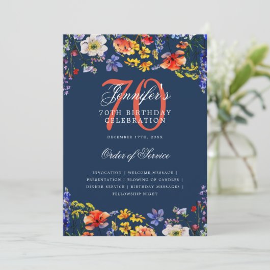 Elegante Bloemen 70e Verjaardag Programma Menu Mar (Staand voorkant)