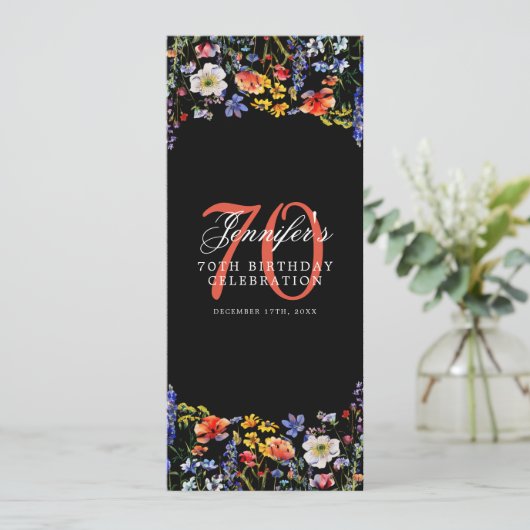Elegante Bloemen 70ste Verjaardag Menu Zwart Kaart (Staand voorkant)