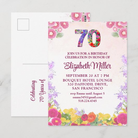Elegante Bloemen 70ste Verjaardag Uitnodiging (Voorkant / Achterkant)